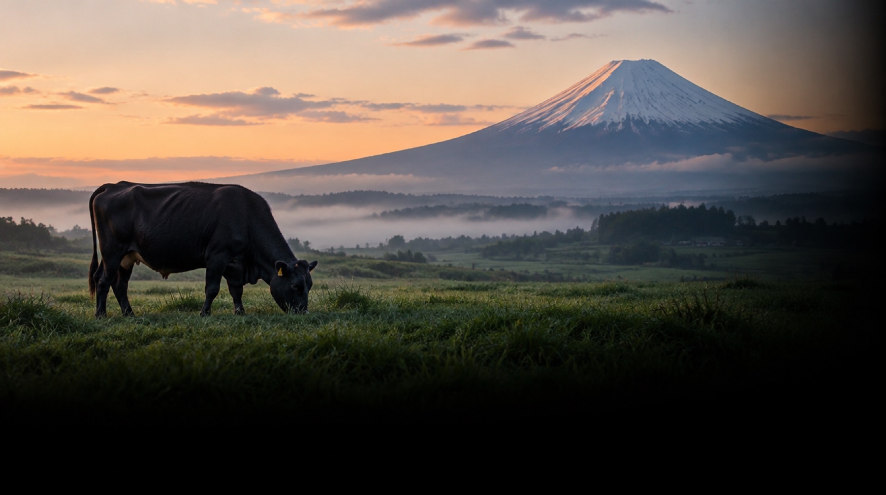 Bœuf Wagyu noir (Kuroge Washu) au pâturage devant le mont Fuji à l'aube